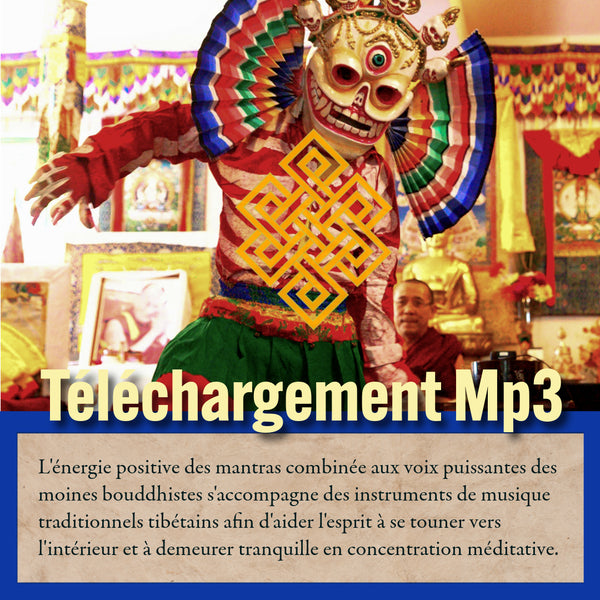 Masque tibétain de danse sacrée avec symbole bouddhiste, pour méditation et mantras bouddhistes