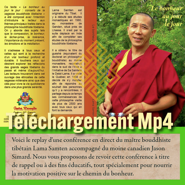Lama Samten, maître bouddhiste tibétain, souriant en robe rouge, conférence sur le bonheur et la méditation