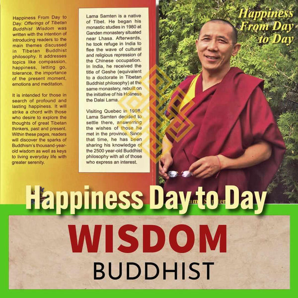 Lama Samten, maître bouddhiste tibétain, souriant en robe rouge, avec le livre 'Happiness Day to Day', sagesse bouddhiste