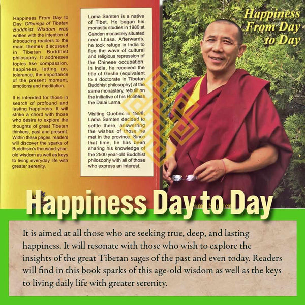 Lama Samten, maître bouddhiste tibétain, souriant en robe rouge, avec le livre 'Happiness Day to Day' sur la philosophie bouddhiste