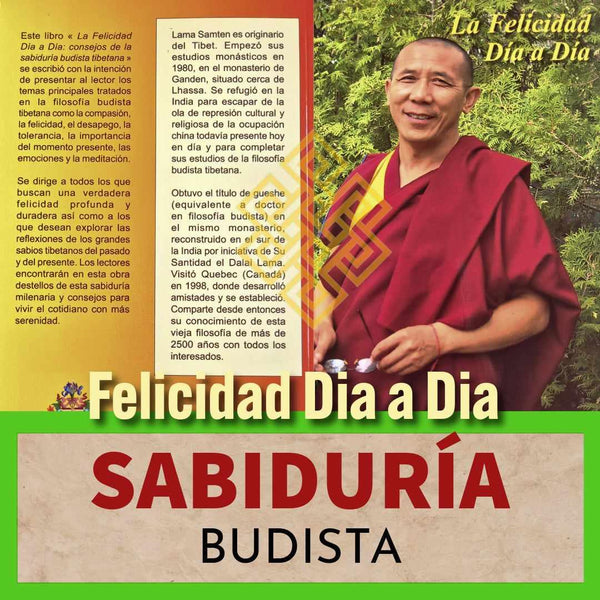 Lama Samten, maître bouddhiste tibétain, sur la couverture du livre 'Felicidad Dia a Dia', sagesse bouddhiste