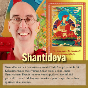 Portrait de Lama Samten avec thangka bouddhiste tibétain et texte sur Shantideva, philosophe bouddhiste