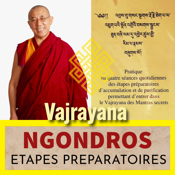 Lama en robe rouge enseignant les étapes préparatoires du Vajrayana, Ngondros, avec textes tibétains et symboles bouddhistes