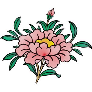 Fleur de pivoine rose stylisée, symbole bouddhiste tibétain, feuilles vertes, illustration traditionnelle
