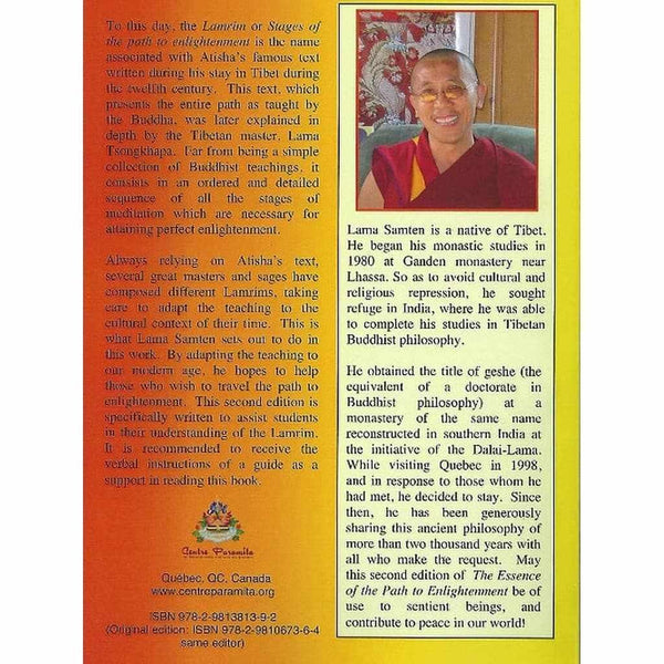 Lama Samten, maître bouddhiste tibétain, souriant en robe rouge, avec texte sur la philosophie bouddhiste et le Lamrim