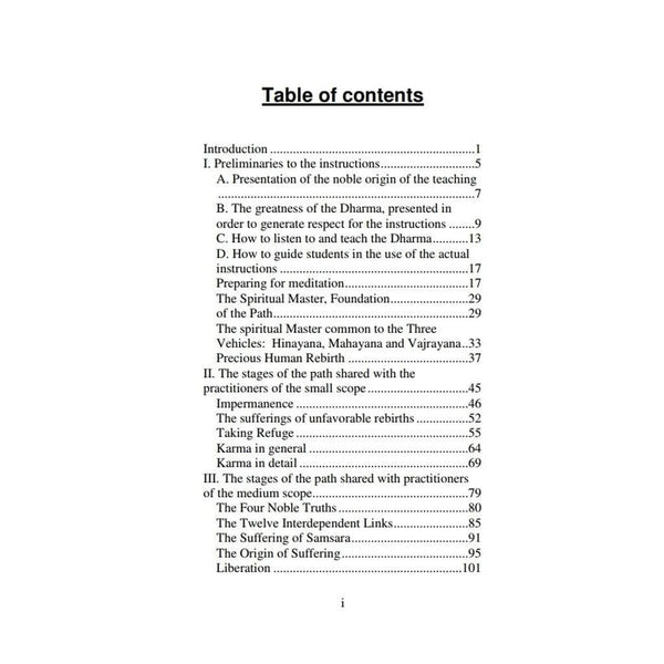 Table des matières d'un livre de philosophie bouddhiste tibétaine sur la méditation et le Dharma
