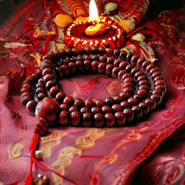 Chapelet bouddhiste en bois sur tissu rouge avec bougie allumée, symbole de méditation et spiritualité tibétaine