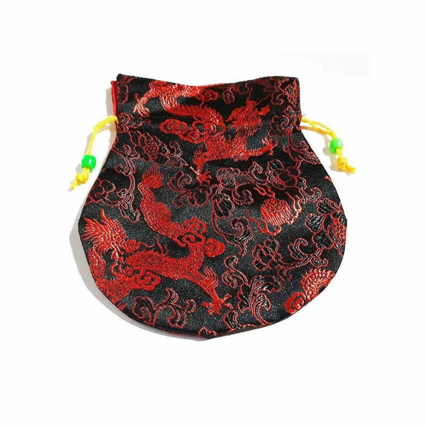 Pochette tibétaine brodée dragon rouge sur fond noir, cordon jaune et perles vertes, objet bouddhiste