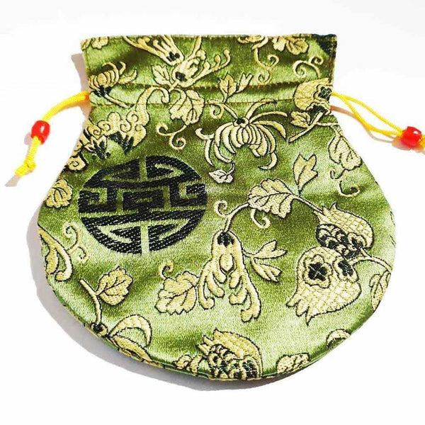 Pochette tibétaine en soie verte brodée, symbole de longévité, idéale pour objets bouddhistes