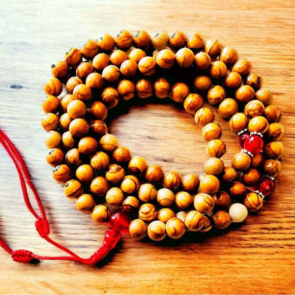 Chapelet bouddhiste en bois avec perles rouges, pour méditation et pratique spirituelle tibétaine