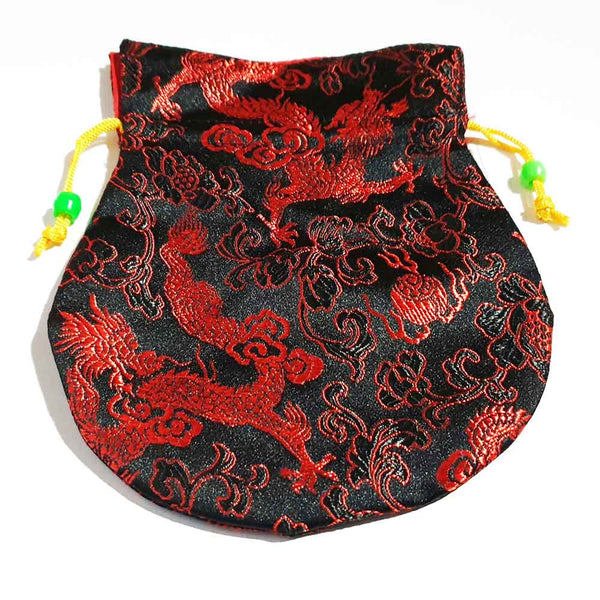Pochette tibétaine brodée dragon rouge sur fond noir, cordon jaune perles vertes, artisanat Himalaya