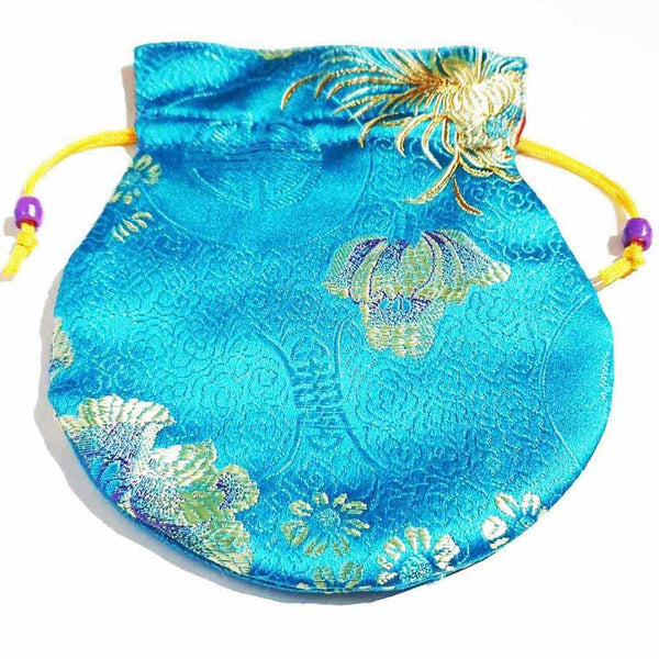 Pochette tibétaine en soie bleue brodée, motifs floraux dorés, cordon jaune, culture bouddhiste