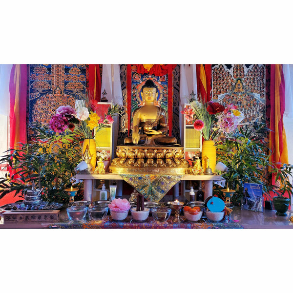 Statue dorée de Bouddha sur autel tibétain avec offrandes, fleurs et thangkas, pour méditation et philosophie bouddhiste