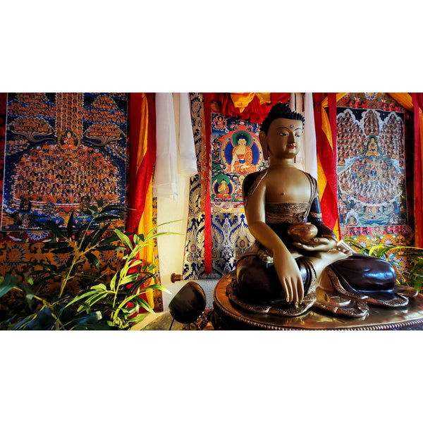 Statue de Bouddha en méditation devant thangkas tibétains et rideaux colorés, symboles de la philosophie bouddhiste.