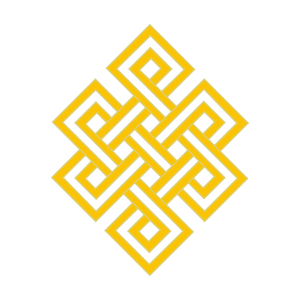 Nœud sans fin tibétain jaune, symbole bouddhiste de l'interdépendance et de la sagesse éternelle.