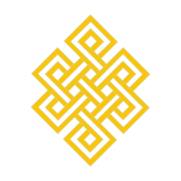 Nœud sans fin tibétain jaune, symbole bouddhiste de l'interdépendance et de la sagesse éternelle.