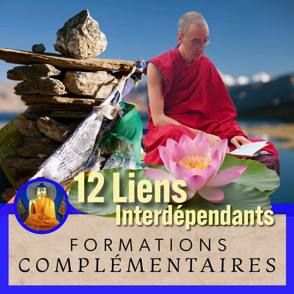Lama en robe rouge méditant près d'un stupa avec lotus, formation sur les 12 Liens Interdépendants