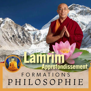 Lamrim Approfondissement - Formations Philosophie Bouddhiste avec Lama Samten et lotus devant montagnes