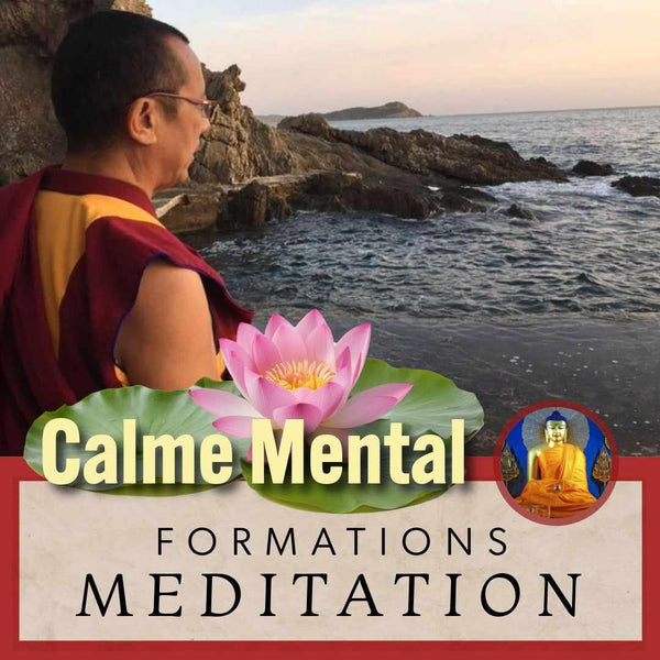 Calme Mental : formations méditation avec moine bouddhiste, fleur de lotus et mer, philosophie tibétaine