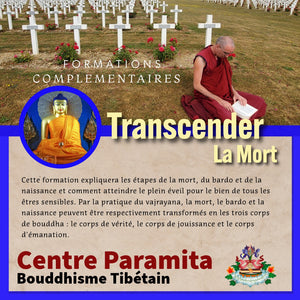 Formation bouddhiste tibétain sur transcender la mort, avec moine en méditation et statue de Bouddha