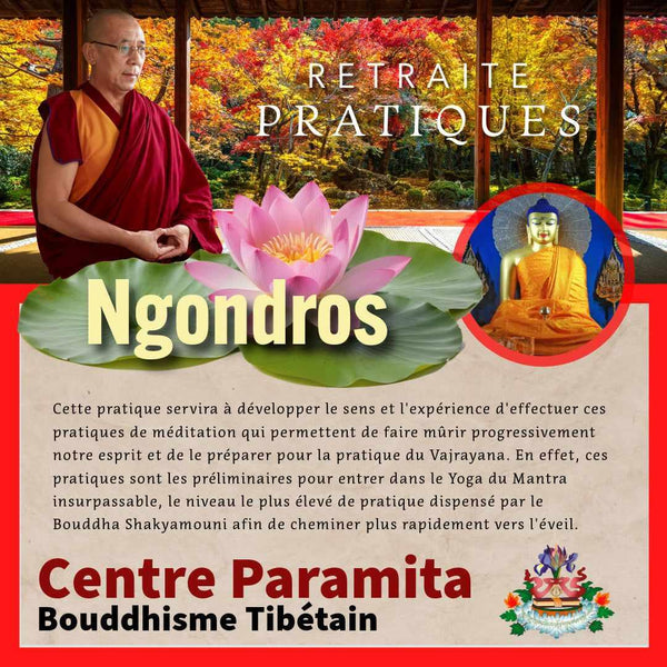 Lama en robe rouge enseignant la méditation Ngondros, fleur de lotus et statue du Bouddha, retraite bouddhiste tibétain