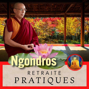 Ngondros, retraite bouddhiste avec lotus et paysage automnal, pratiques spirituelles tibétaines