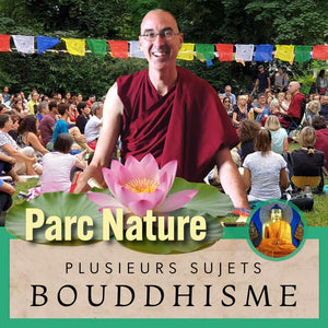Lama en robe rouge enseignant le bouddhisme en plein air, drapeaux tibétains, fleur de lotus, Parc Nature