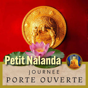 Petit Nalanda : Journée Porte Ouverte avec lotus et mandala bouddhiste doré sur fond rouge