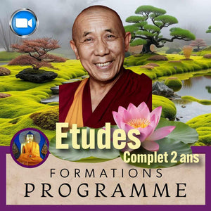 Programme d'études bouddhistes de 2 ans avec maître en robe rouge, jardin zen et fleur de lotus