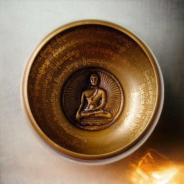 Bol tibétain en bronze avec Bouddha et écritures sacrées, objet de méditation bouddhiste