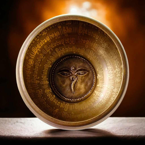 Bol tibétain gravé de symboles bouddhistes et de mantras, objet de méditation et de culture himalayenne