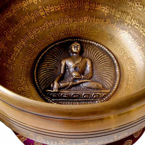 Bol tibétain en bronze avec Bouddha et mantras, objet de méditation bouddhiste