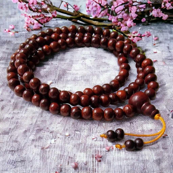 Chapelet bouddhiste en bois rouge pour méditation, perles tibétaines avec fleurs délicates