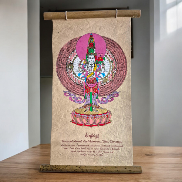Thangka bouddhiste tibétain Avalokiteshvara à mille bras, art sacré de l'Himalaya sur papier artisanal