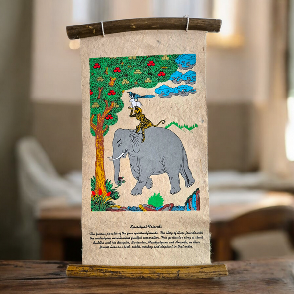 Parabole bouddhiste des quatre amis spirituels : oiseau, lapin, singe et éléphant sur rouleau artisanal