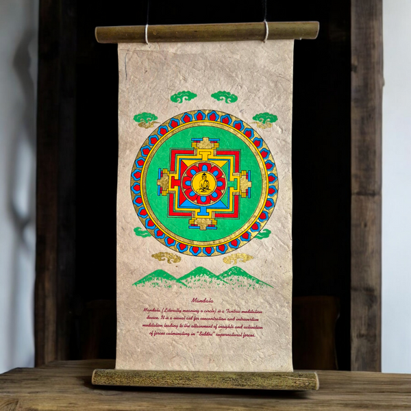 Mandala bouddhiste tibétain sur rouleau en papier artisanal, symbole de méditation et de philosophie bouddhiste.
