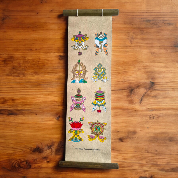 Rouleau tibétain des Huit Symboles Auspicieux, art bouddhiste traditionnel sur papier artisanal