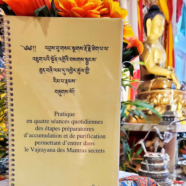 Livre de pratiques bouddhistes tibétaines avec mantras secrets, statuette de Bouddha dorée et fleurs