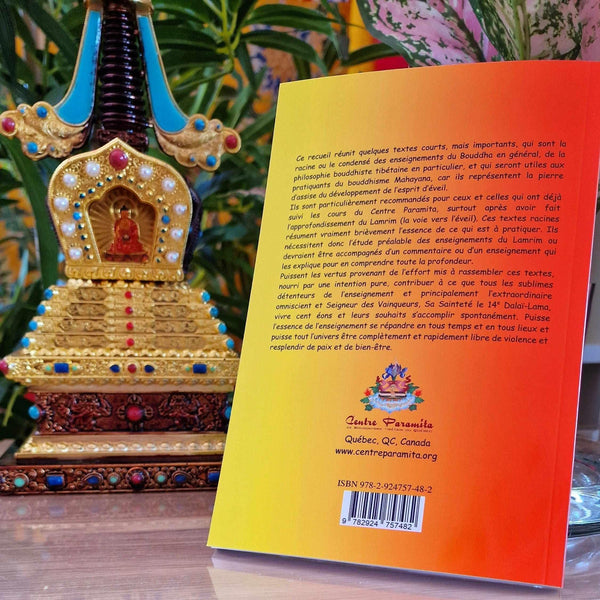 Livre de philosophie bouddhiste tibétaine avec stupa doré, enseignements du Bouddha et Centre Paramita