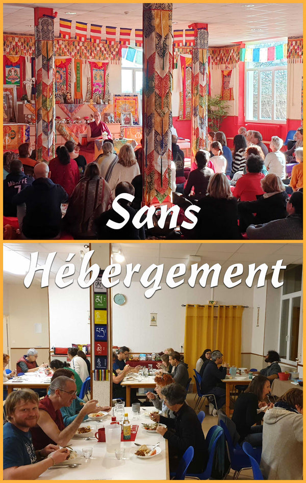 Conférence bouddhiste et repas partagé sans hébergement, drapeaux tibétains et décoration spirituelle