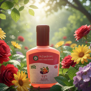Huile capillaire Men-Tsee-Khang naturelle pour soin des cheveux, entourée de fleurs dans un jardin ensoleillé