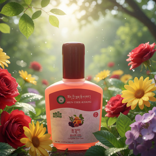 Huile capillaire Men-Tsee-Khang naturelle pour soin des cheveux, entourée de fleurs dans un jardin ensoleillé