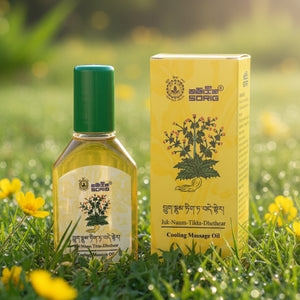 Huile de massage apaisante Sorig Juk-Naum-Tikta-Dhethear, produit naturel de médecine tibétaine sur l'herbe