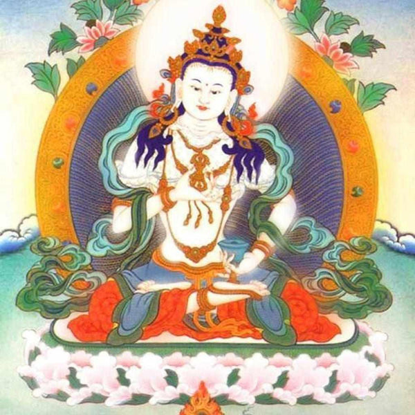Thangka bouddhiste tibétain représentant une divinité méditative avec mandorle et fleurs, art spirituel de l'Himalaya