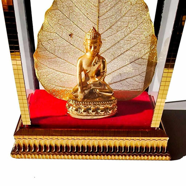 Statue dorée de Bouddha assis sur feuille d'or, objet bouddhiste tibétain pour méditation et décoration spirituelle