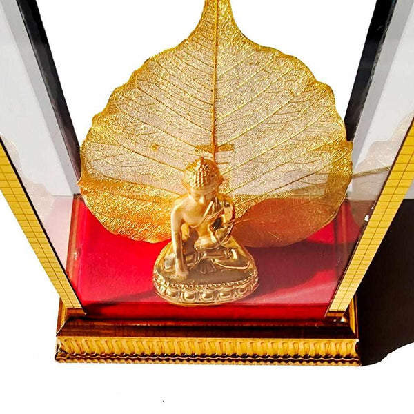 Statue dorée de Bouddha assis sous feuille de bodhi, objet bouddhiste tibétain pour méditation et décoration spirituelle