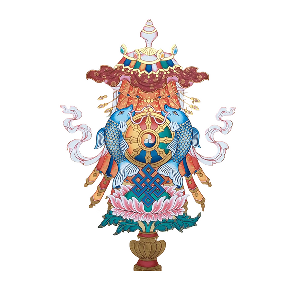 Symbole bouddhiste tibétain avec poissons, roue, nœud et lotus, art sacré de l'Himalaya