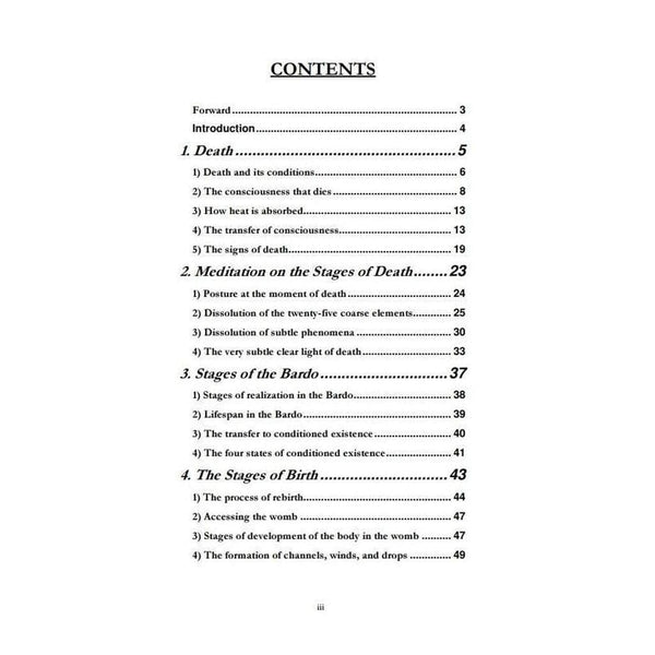 Table des matières d'un livre sur la méditation bouddhiste, la mort et le Bardo, philosophie tibétaine