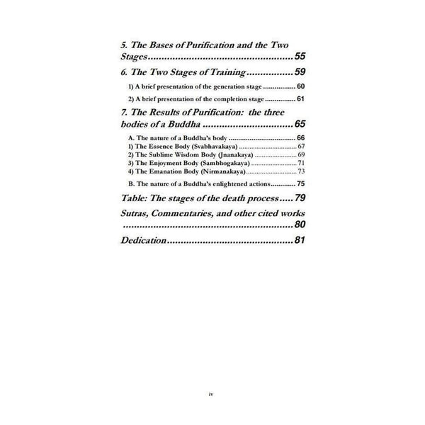 Table des matières d'un livre sur la philosophie bouddhiste tibétaine, purification, stages d'entraînement et corps du Bouddha