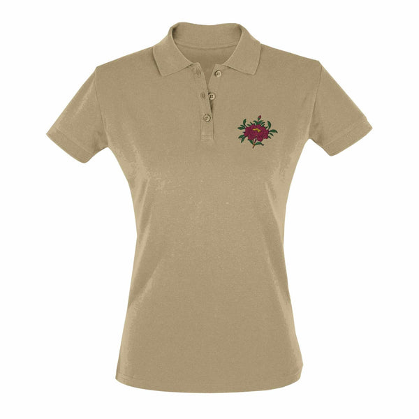 Polo beige femme avec broderie fleur rouge, style tibétain, vêtement bouddhiste